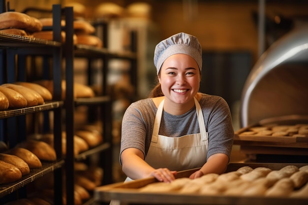 Junge Frau, die in einer Bäckerei arbeitet. KI-generiert