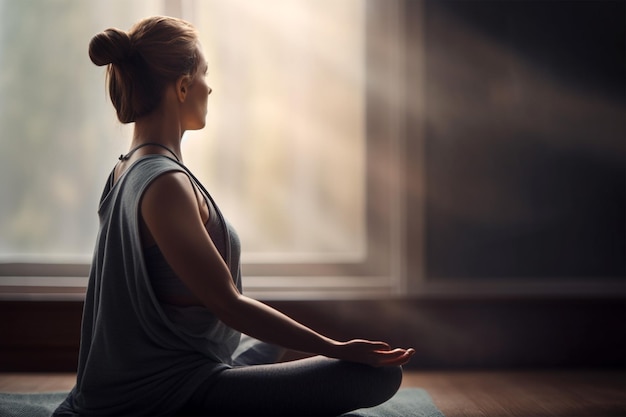 Junge Frau, die in Lotus-Pose meditiert Meditation und gesundes Entspannungs-Aktiv-Lifestyle-Konzept Meditation genießen, während sie Yoga machen Rückansicht AI-generiertes Bild