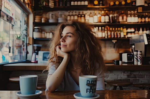 Junge Frau, die sich in einem Café entspannt und Kaffee trinkt