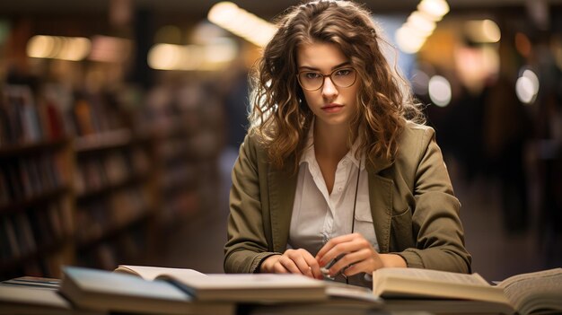 Junge Frau, die sich in einem Roman verloren hat, in einem Bücherladen in ruhigen Gängen