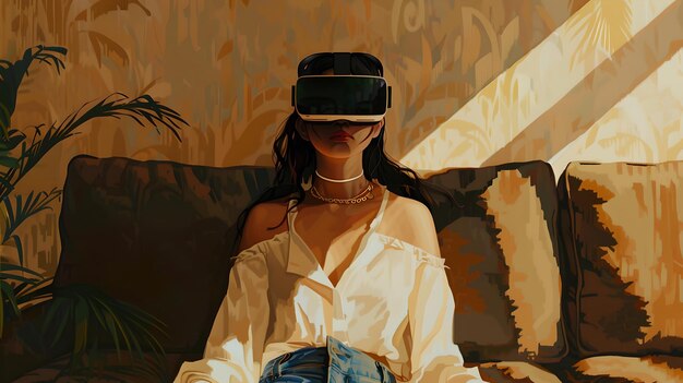 Junge Frau, die sich zu Hause in die virtuelle Realität eintaucht, Casual-Stil, Verwendung moderner Tech-Gadgets, Freizeitaktivität im Innenraum, KI