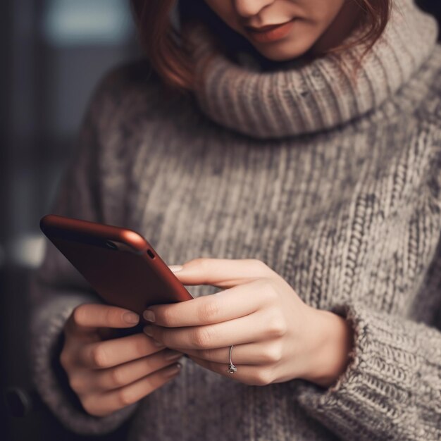 Foto junge frau, die smartphone hält, übergibt nahaufnahme