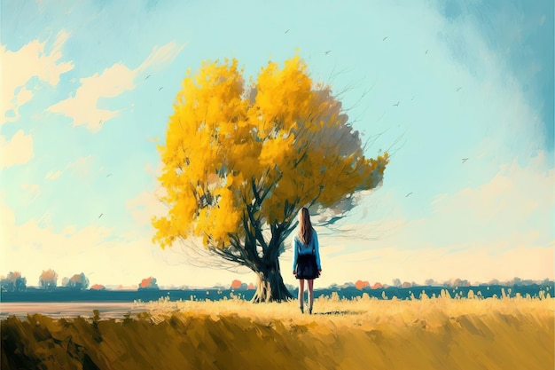 Junge Frau, die unter dem Herbstbaum stand, betrachtete den Mann in der Ferne digitale Kunststil-Illustrationsmalerei Fantasy-Konzept einer Frau unter dem Herbstbaum