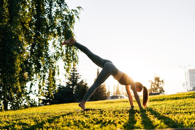 Junge Frau, die Yoga in nach unten gerichteter Hundehaltung auf einem Bein im Stadtpark an einem sonnigen Tag praktiziert Frau, die Yoga auf der Übungsmatte draußen praktiziert