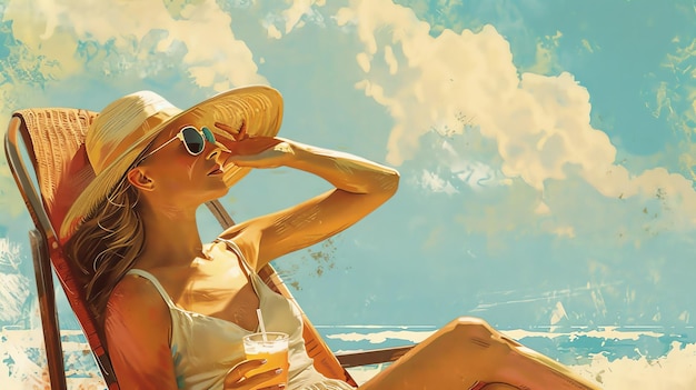 Junge Frau entspannt sich an einem Strand, genießt die Sonne, trägt einen Hut und eine Sonnenbrille und trinkt einen Cocktail