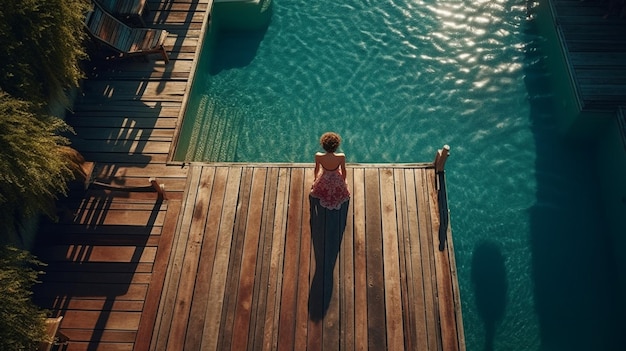 Junge Frau entspannt sich im Schwimmbad der Luxusvilla Generative Ai