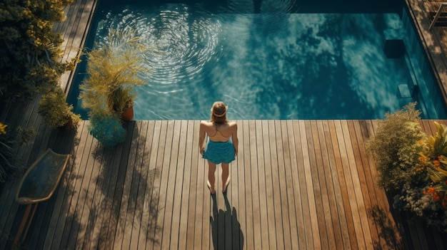 Junge Frau entspannt sich im Schwimmbad der Luxusvilla Generative Ai