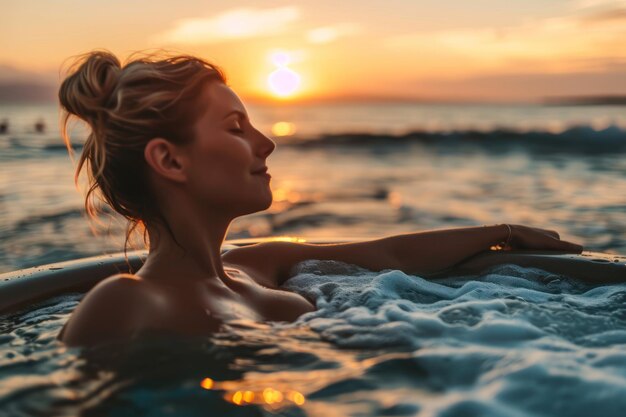 Junge Frau entspannt sich im Whirlpool im Hintergrund des Ozeans