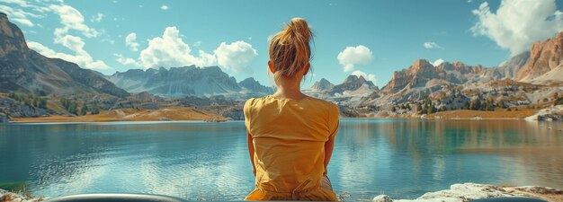 Foto junge frau entspannt sich, während sie die landschaft um einen bergsee bewundert