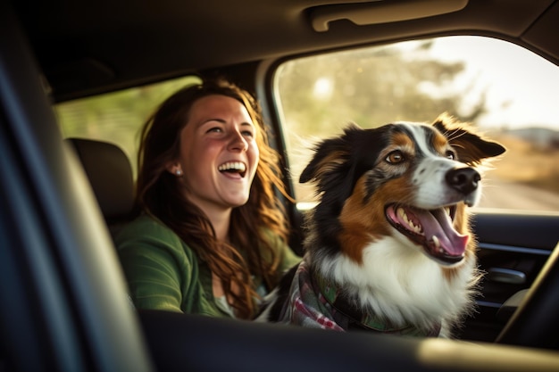 Junge Frau fährt mit ihrem Hund Auto, die Sonne scheint KI-generiert