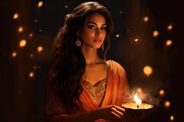 Junge Frau feiert Diwali mit leuchtend festlichem Design mit Kerzen