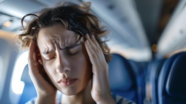 Junge Frau fühlt sich während des Fluges unwohl, berührt die Tempel, fühlt sich unbehaglich auf der Reise, Kopfschmerzen im Flugzeug, realistische Lifestyle-Fotografie, stressige Reiseerfahrung, KI.