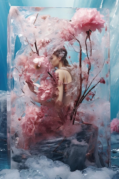Junge Frau gefangen in einem Eiswürfel mit rosa Blumen