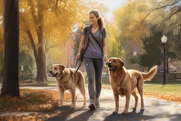 Junge Frau geht mit ihrem Hund im Park spazieren, an einem Herbsttag scheint die Sonne KI-generiert