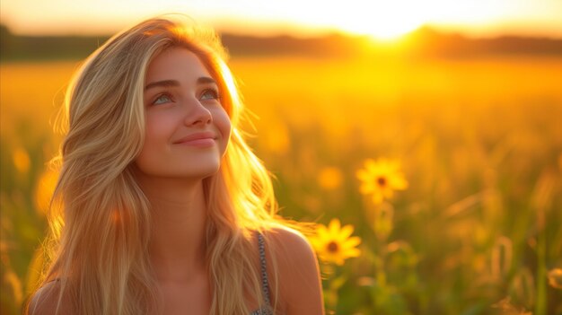 Junge Frau genießt den Sonnenuntergang in einem Sonnenblumenfeld