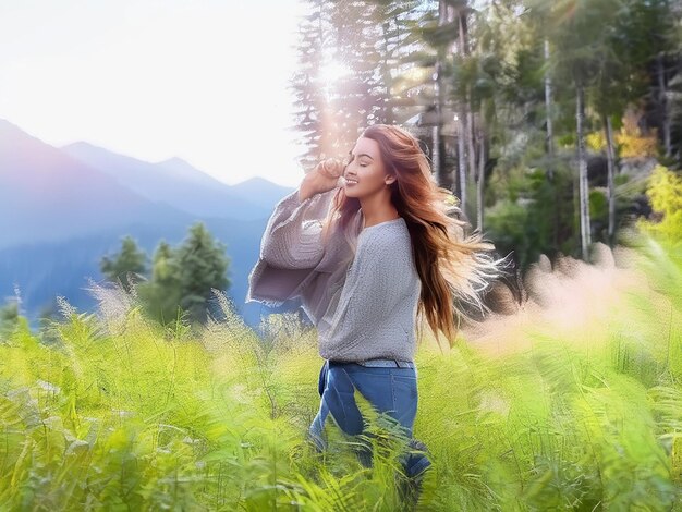 Foto junge frau genießt die natur, umgeben von schönheit