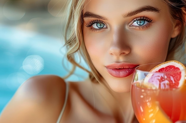 Junge Frau genießt einen erfrischenden Cocktail am Schwimmbad an einem sonnigen Tag mit hellblauem Wasser in