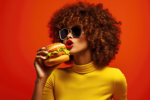 Junge Frau genießt einen köstlichen Hamburger auf rotem Hintergrund