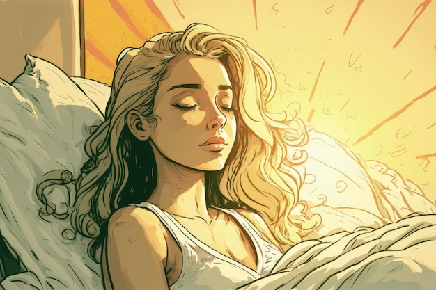 Junge Frau genießt einen morgendlichen Sonnenaufgang, während sie auf ihrem Bett aus weißem Leinen liegt