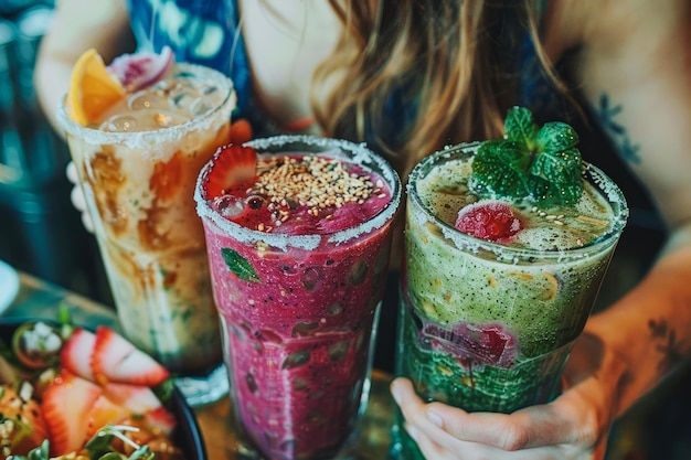 Junge Frau genießt farbenfrohe frische Smoothies bei einem gesunden Brunch mit einer Vielzahl von Detox-Getränken