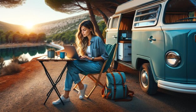 Junge Frau genießt ihren morgendlichen Kaffee außerhalb eines Retro-Vintage-Camper-Vans