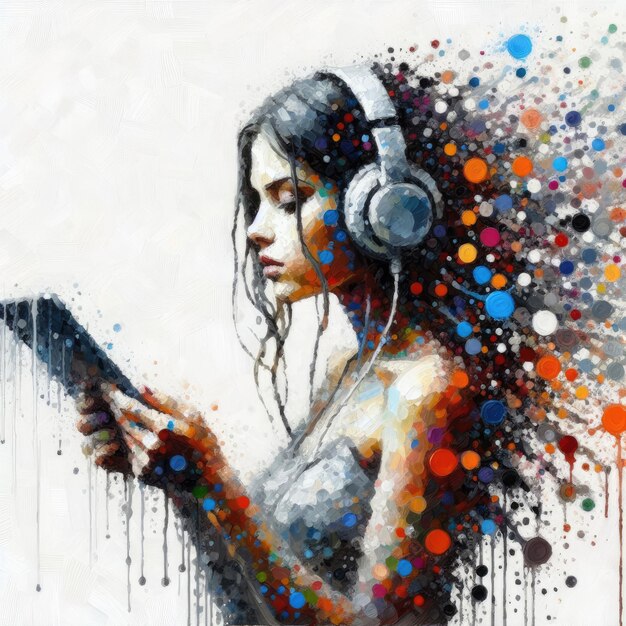 Junge Frau genießt Musik mit Kopfhörern und benutzt eine Tablettillustration mit generativer KI