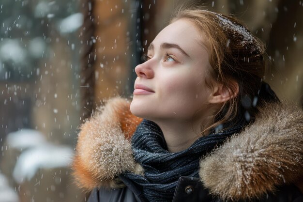 Junge Frau genießt Schneefall in Winterlandschaft Gelassenes Gesicht Schneeflocken im Haar Gemütlicher Winter