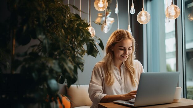 Junge Frau glücklich am Laptop in der modernen Wohnung bequem