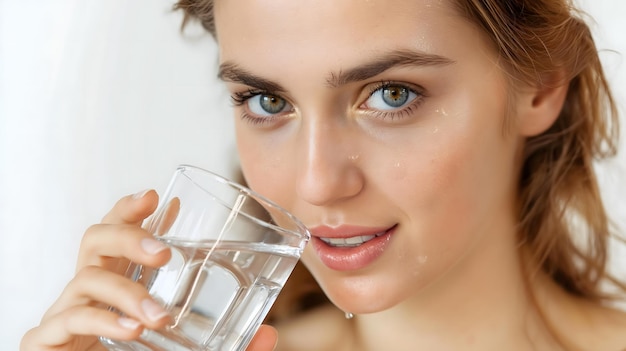 Junge Frau hält ein Glas Wasser mit einem nachdenklichen Ausdruck