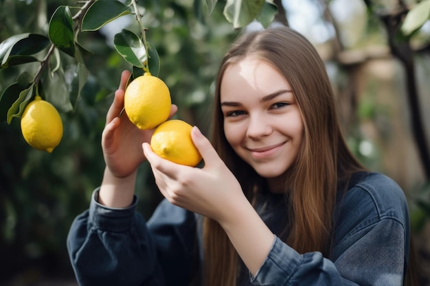 Junge Frau hält eine frische Zitrone aus ihrem Garten hoch