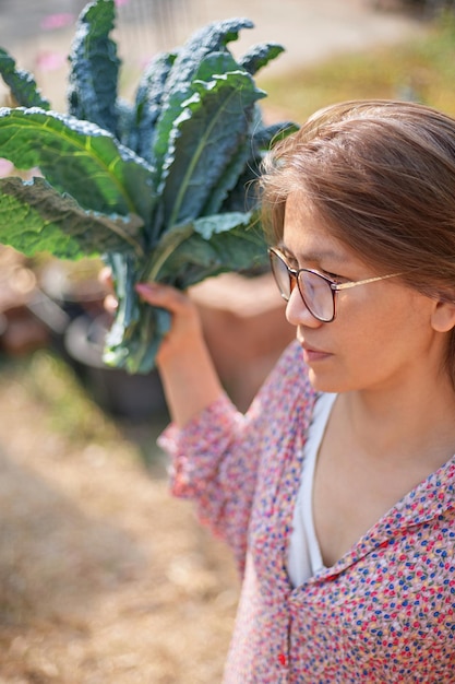 Foto junge frau hält einen haufen grünkohl aus ihrem heimangebauten gemüsegarten