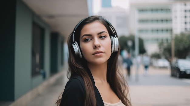 Junge Frau hört Musik mit Kopfhörern in der Stadt