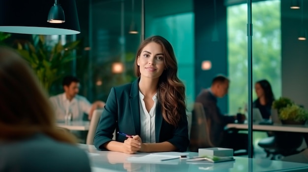 junge Frau im Bürointerieur