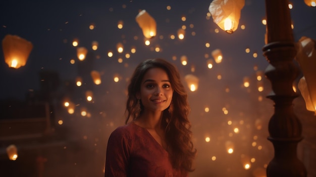 Junge Frau im Hintergrund, die anlässlich des fröhlichen Diwali Laternen fliegen lässt, während das Licht einer Öllampe auf bunten Rangoli während der Diwali-Feier angezündet wird. Hinduistische Lichterfest-Feier