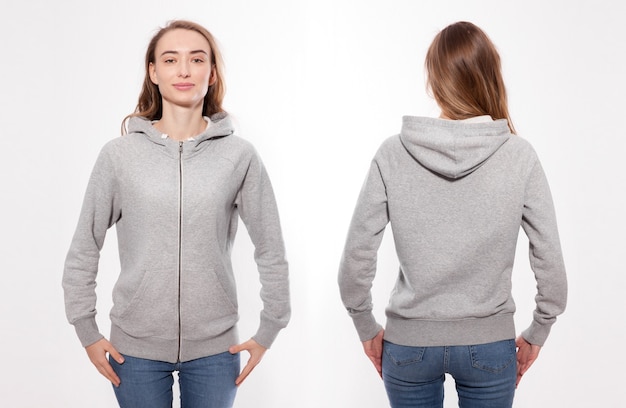 Junge Frau im Hoodie vorne und hinten Mockup