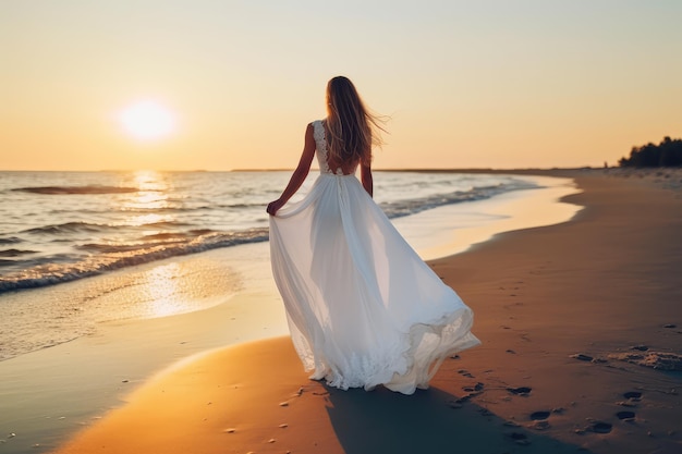 Junge Frau im weißen Kleid, die bei Sonnenuntergang am Strand spaziert