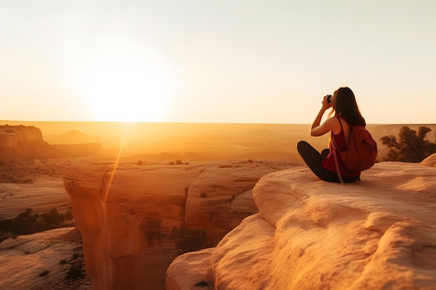 Foto junge frau in den bergen macht fotos vom sonnenuntergang neuralnetzwerk ki-generierte kunst