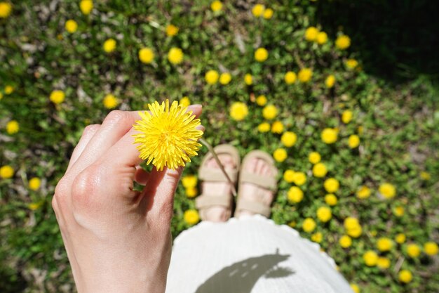 Junge Frau in einem blühenden Frühlingsgarten Flach lag