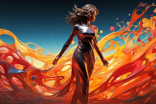 Junge Frau in einem futuristischen Anzug aus flüssigem Kunststoff, fest gefestigtem Material, virtueller Realität, farbiger Wirbelwind