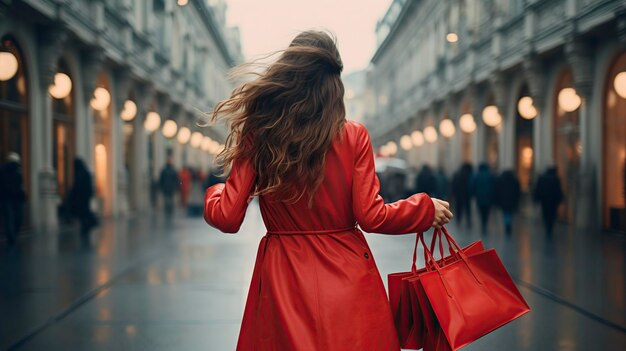 junge Frau in einem roten Kleid, die mit Taschen einkaufen läuft