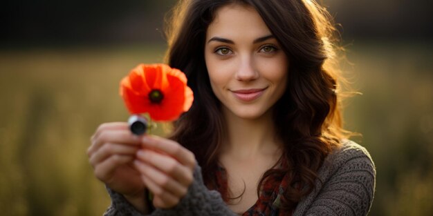 Junge Frau in einem Vintage-Kleid hält eine rote Mohnblume bis zu ihrem Gesicht in einem lebendigen Mohnfeld Generative KI