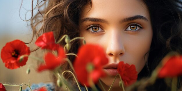 Junge Frau in einem Vintage-Kleid hält eine rote Mohnblume bis zu ihrem Gesicht in einem lebendigen Mohnfeld Generative KI