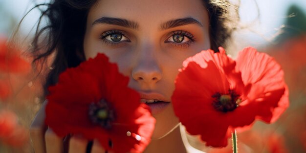 Junge Frau in einem Vintage-Kleid hält eine rote Mohnblume bis zu ihrem Gesicht in einem lebendigen Mohnfeld Generative KI