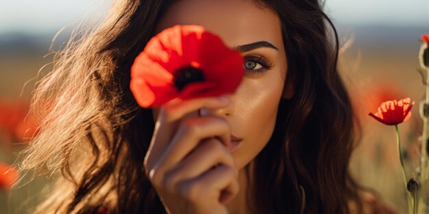 Junge Frau in einem Vintage-Kleid hält eine rote Mohnblume bis zu ihrem Gesicht in einem lebendigen Mohnfeld Generative KI