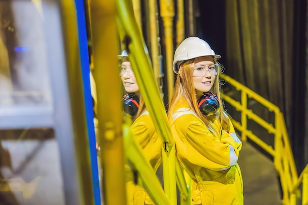 Junge Frau in einer gelben Arbeitsuniform, Brille und Helm in industrieller Umgebung, Ölplattform oder