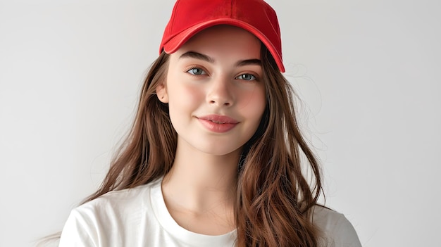 Junge Frau in Gelegenheitskleidung mit roter Baseballmütze vor einem einfachen Hintergrund strahlt Selbstvertrauen und Einfachheit aus Perfekt für Lifestyle-Branding KI
