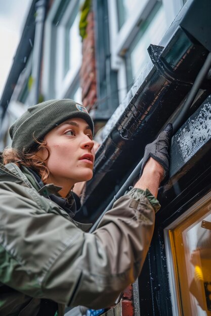 Foto junge frau in gelegenheitskleidung und barett inspiziert oder repariert an einem bewölkten tag die außenseite eines schaufensters