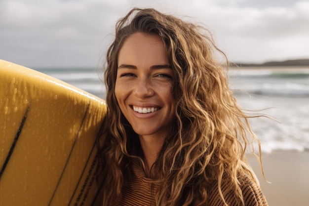 Junge Frau in ihren 30 Jahren hält Supboard am Strand Generative KI