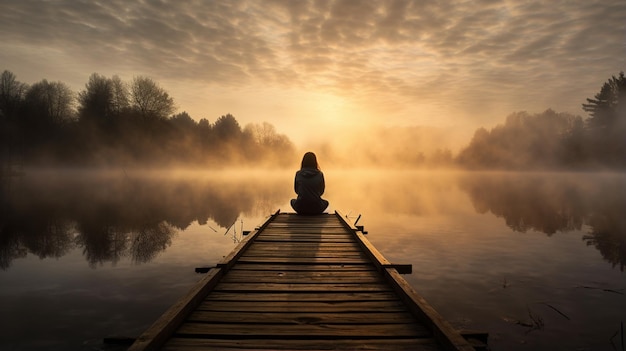 junge Frau in Lotus-Pose auf einem Holzsteg am See