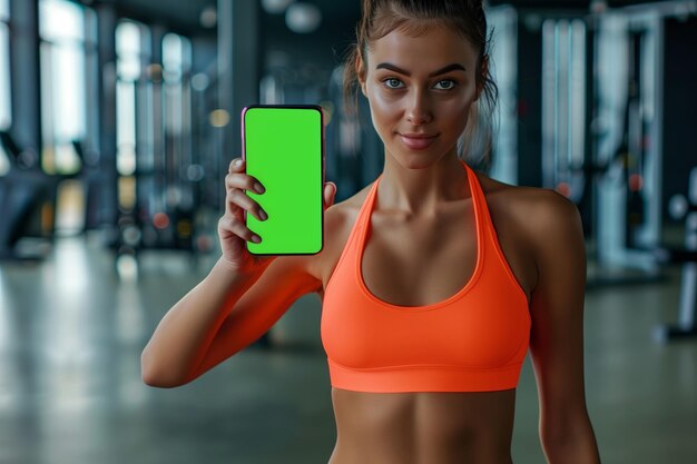 Junge Frau in orangefarbenem Sporttop in der Turnhalle zeigt ein Smartphone mit einem grünen Chromakey-Bildschirm